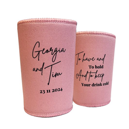 Vintage Pink Wedding Stubby Holders